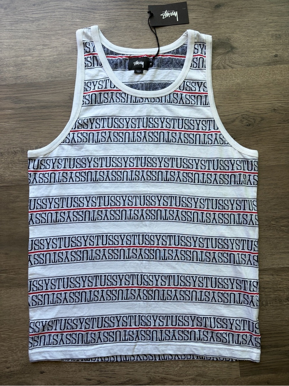 NWT Stussy White Tank Top with Logo Stripes and Red Accents